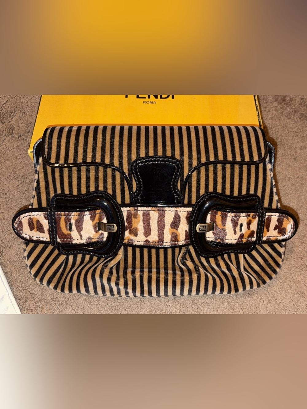 FENDI Striped Velvet B Bis Bag Leopard Calf Hair and Black Patent Leather rare